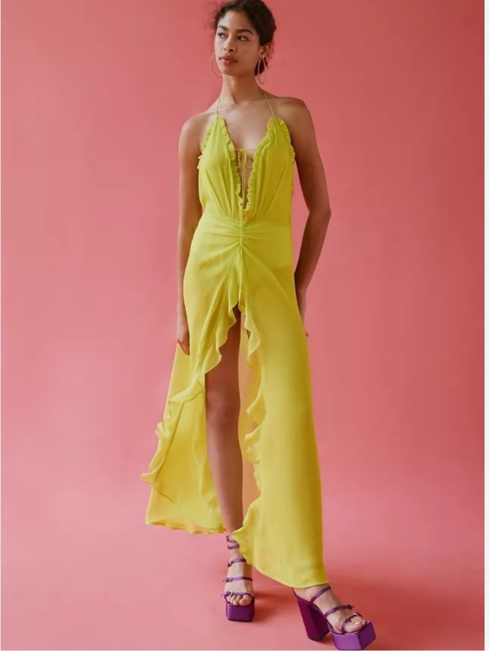 NWT For Love & Lemons Lina Neon Green Flower Ruffle Slit Maxi Dress Size Small